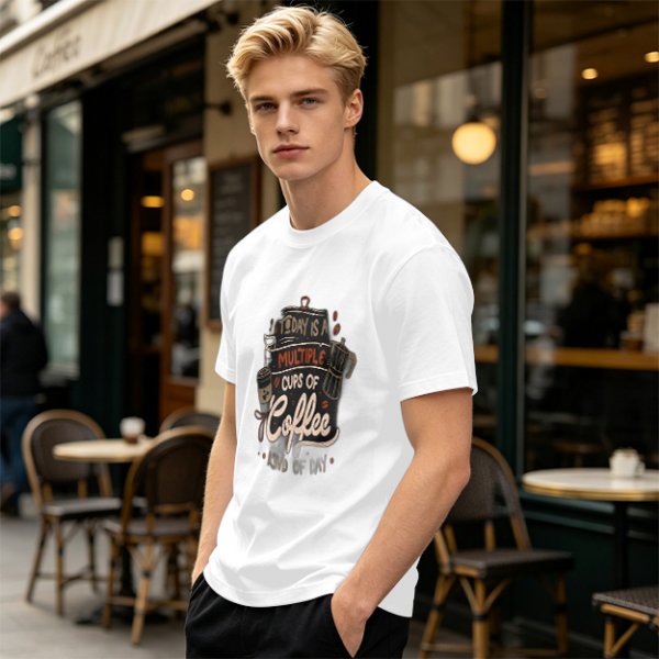 Olive green t-shirt with coffee themed 'Today is a multiple cups of Coffee' print