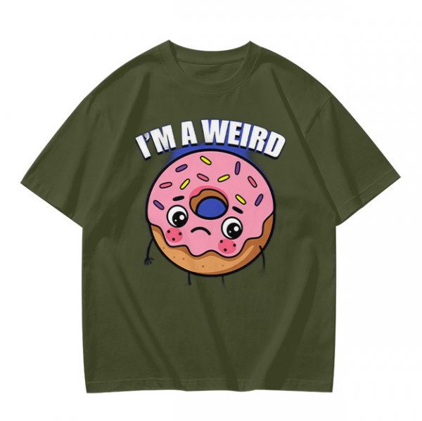 Olive green t-shirt with sad donut graphic and 'I'M A WEIRD' text