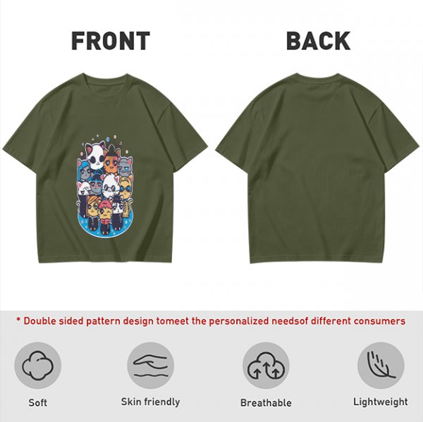 Olive T-Shirt With Cute Chibi Cat Character Group Print