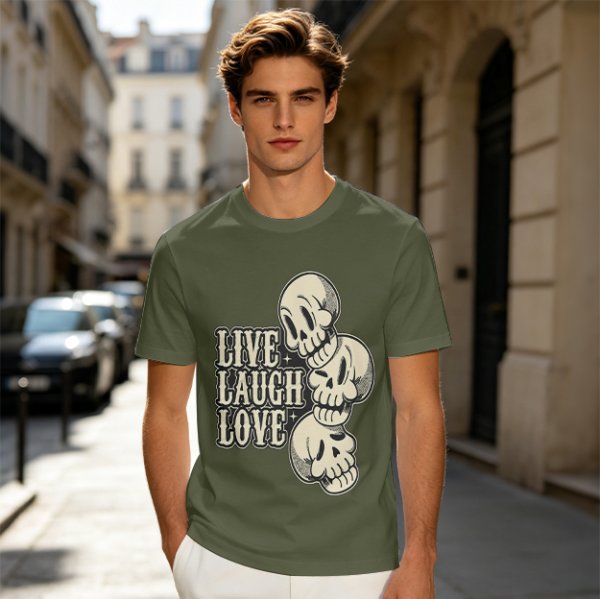 Olive Graphic T-Shirt with Live Laugh Love and Stacked Skulls