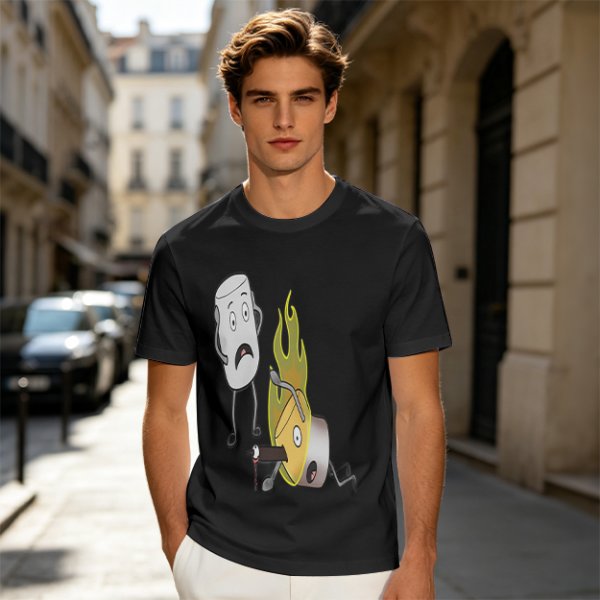 Olive T-Shirt With Cartoon Marshmallow and Burning Character Print