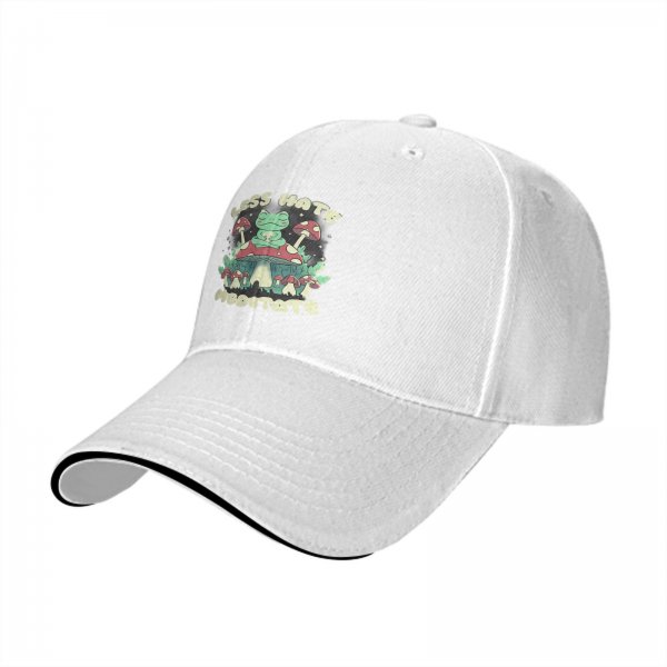 Black baseball cap with meditating frog and 'Less Hate Meditate' mushroom design