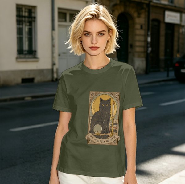 Olive T-Shirt With Black Cat Tarot Card Art That Says You Are Full Of Magic