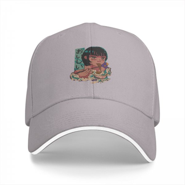 Black baseball cap with anime girl eating ramen graphic