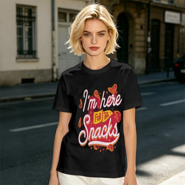 Olive green graphic tee with 'I'm here for the snacks' print