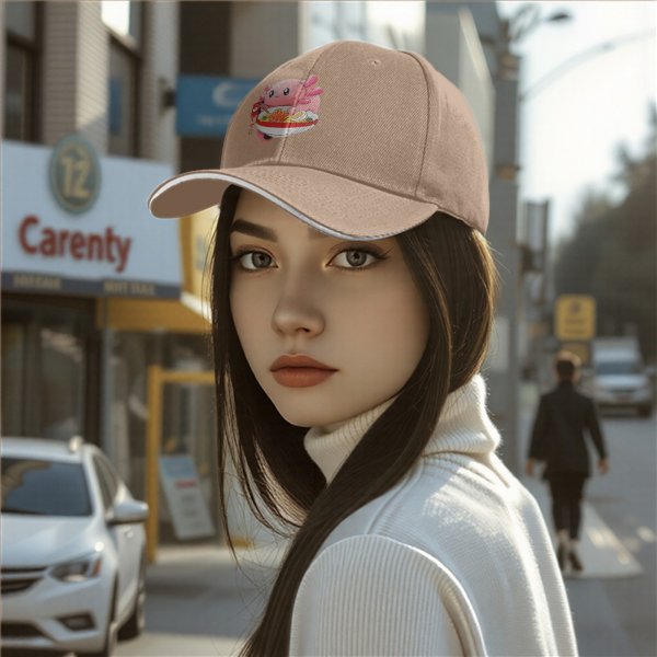 Black baseball cap with cute axolotl eating ramen graphic
