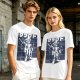 Olive t-shirt with stylized anime warrior graphic and Japanese text
