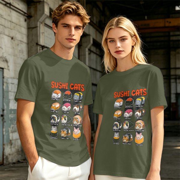 Olive T-Shirt With Sushi Cats Graphic Print