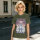 Olive green t-shirt with stained glass style forest spirit anime artwork