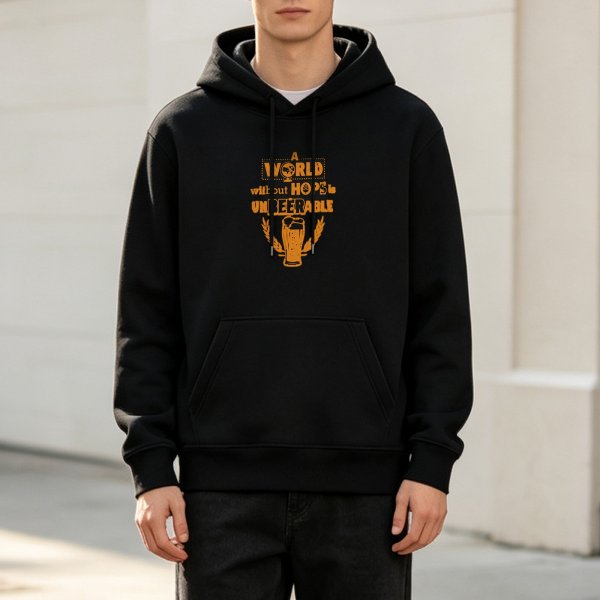 Black hoodie with 'A World Without Hops Is Unbeerable' beer graphic