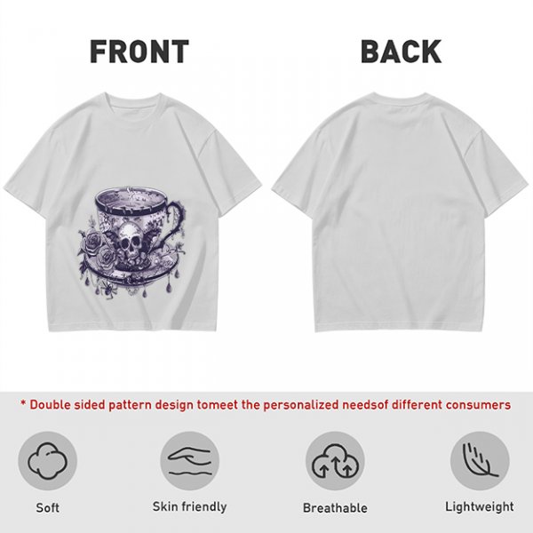 Olive T-shirt with Gothic Skull Teacup and Roses Print