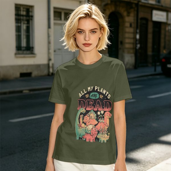 Olive graphic t-shirt with 'All My Plants Are Dead' dinosaur print