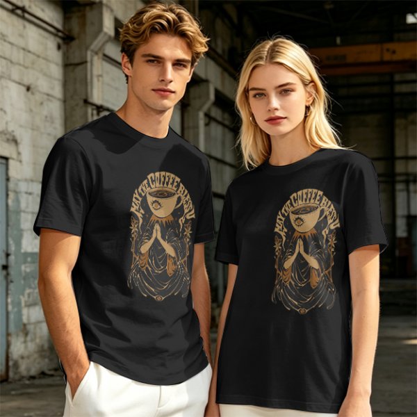 Olive green t-shirt with Pray the Coffee Brew graphic print