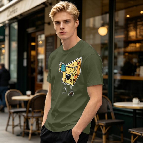 Olive T-shirt with a cartoon cheese taking a selfie and making a peace sign