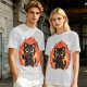 Olive T-Shirt With Cute Black Cat Thumbs Up On Flames Graphic