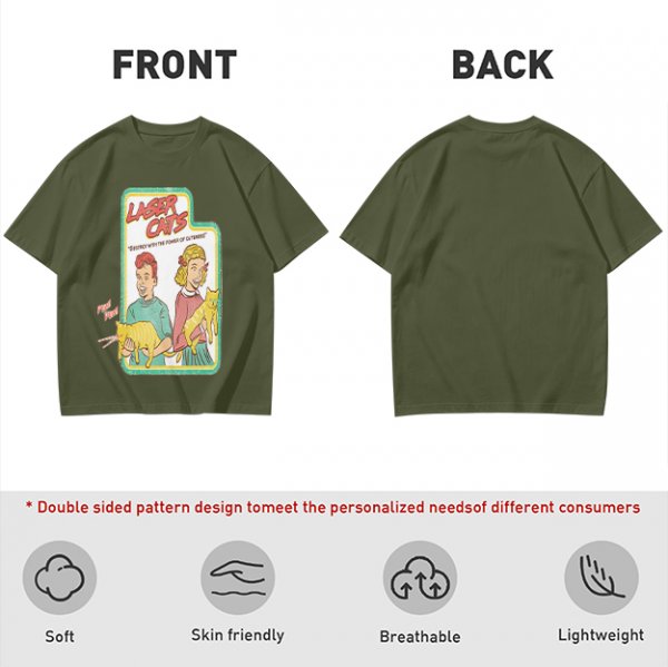 Olive graphic tee with Laser Cats retro comic print of kids holding laser cats