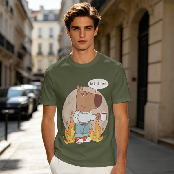 Olive T-Shirt Featuring the 'This Is Fine' Dog Meme Art