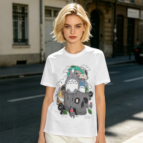 Olive T-shirt with Studio Ghibli Totoro and Spirited Away Characters Print