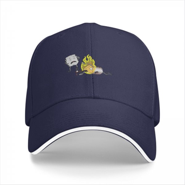 Black baseball cap with cartoon burning character and worried companion graphic