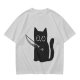 Olive T-Shirt With Cute Black Cat Holding Knife Graphic