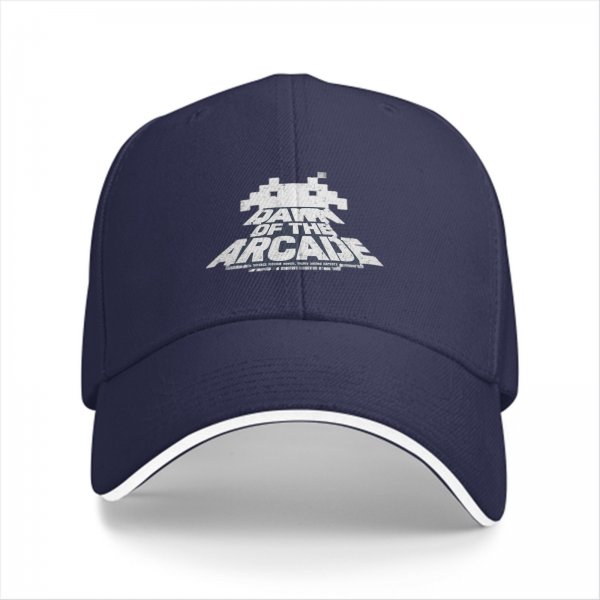 Black baseball cap with 'Dawn of the Arcade' and space invader graphic