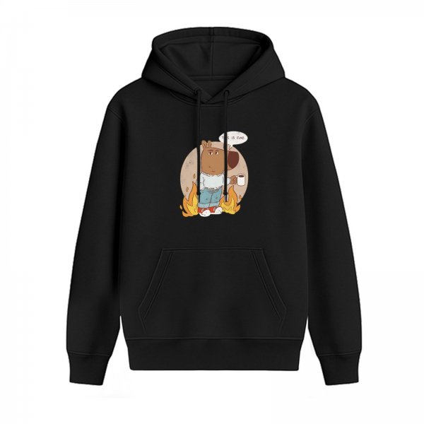 Black hoodie with cartoon dog holding coffee on fire graphic