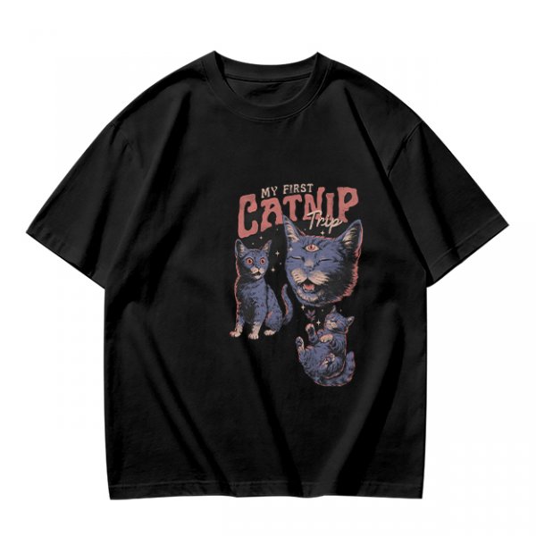 Olive T-Shirt With My First Catnip Trip Psychedelic Cat Print