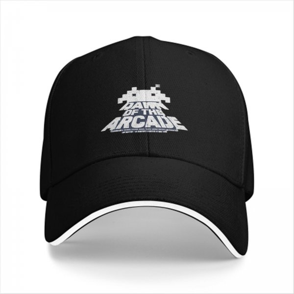 Black baseball cap with 'Dawn of the Arcade' and space invader graphic