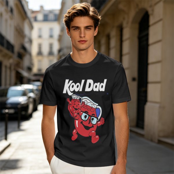 Olive green graphic t-shirt with Kool Dad and Kool-Aid mascot print