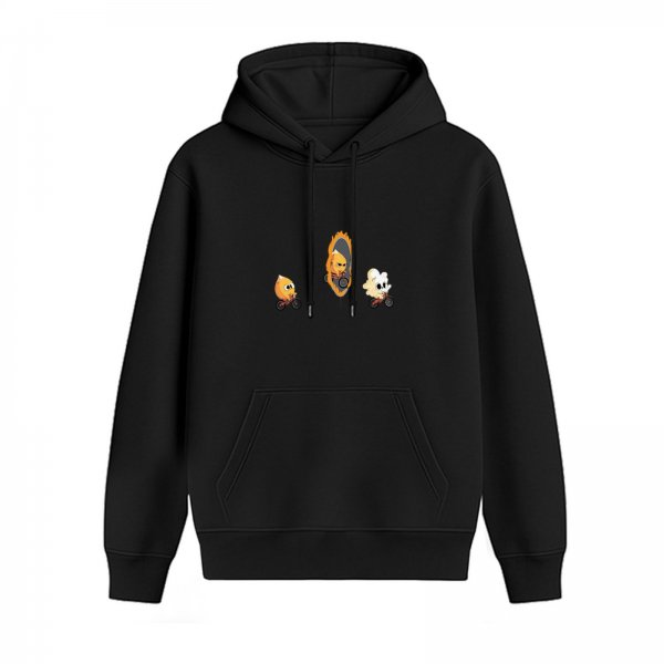 Black hoodie with cute flame character graphic design