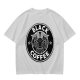 Olive green t-shirt with black goat head and Black Coffee graphic