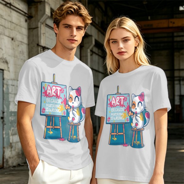 Olive T-Shirt With Cute Artist Cat Art Because Murder Is Wrong Print
