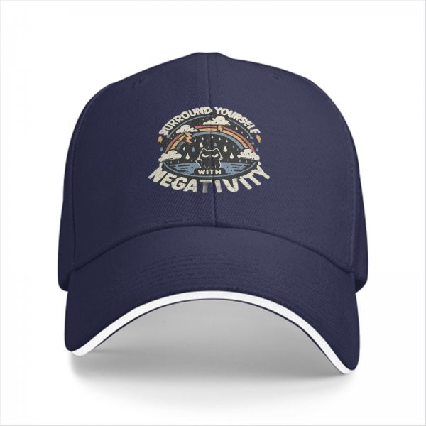 Black baseball cap with 'Surround Yourself With Negativity' graphic print