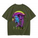 Olive t-shirt with neon vampire Dracula graphic and Japanese text