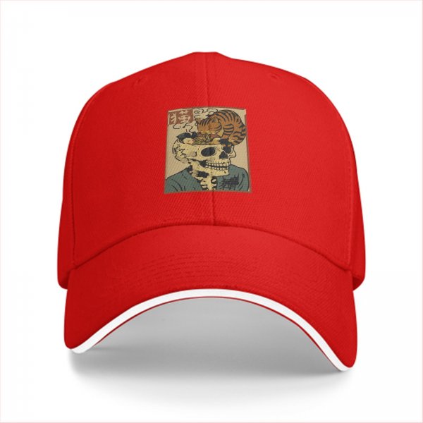 Black baseball cap with vintage skull ramen cat graphic
