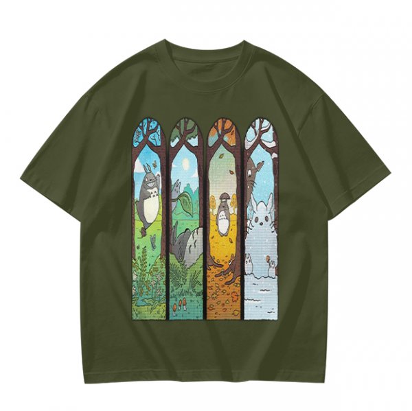 Olive T-Shirt With Stained Glass Style Four Seasons Forest Creature Art