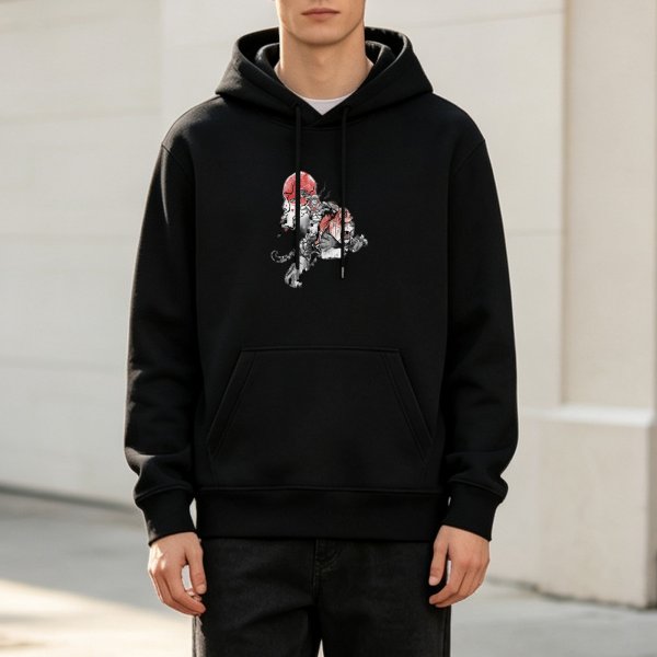 Black hoodie with stylized red and white beast graphic print