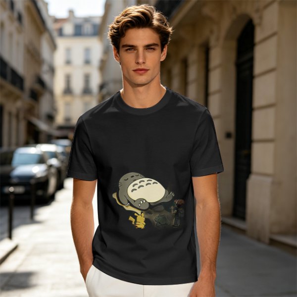 Olive T-shirt with Sleeping Totoro and Crossover Anime Characters Print
