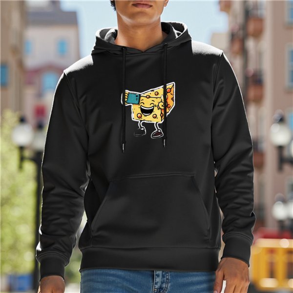 Black Hoodie With Cartoon Cheese Taking Selfie Peace Sign Graphic