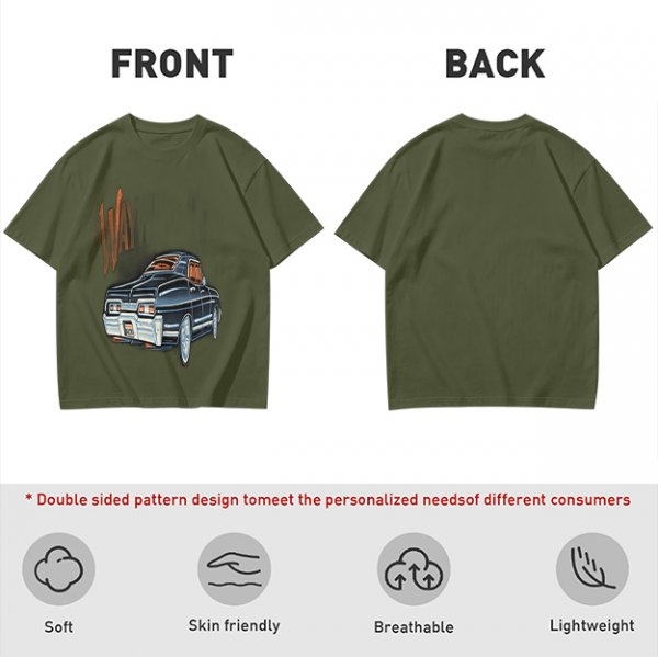 Olive Green Graphic T-Shirt with Classic Dark Car and Orange Text Print