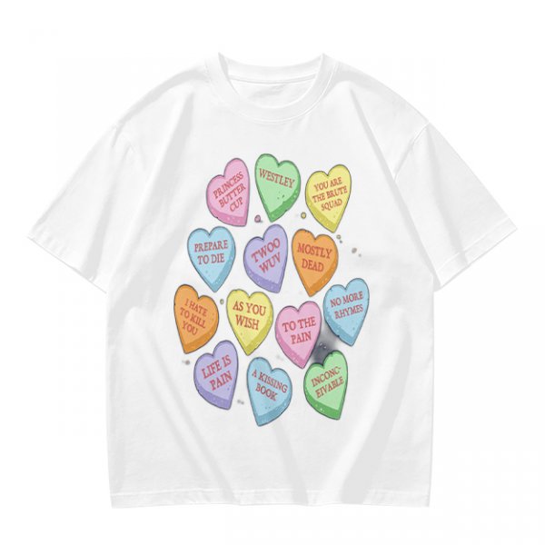 Olive T-shirt with Princess Bride themed conversation heart candies