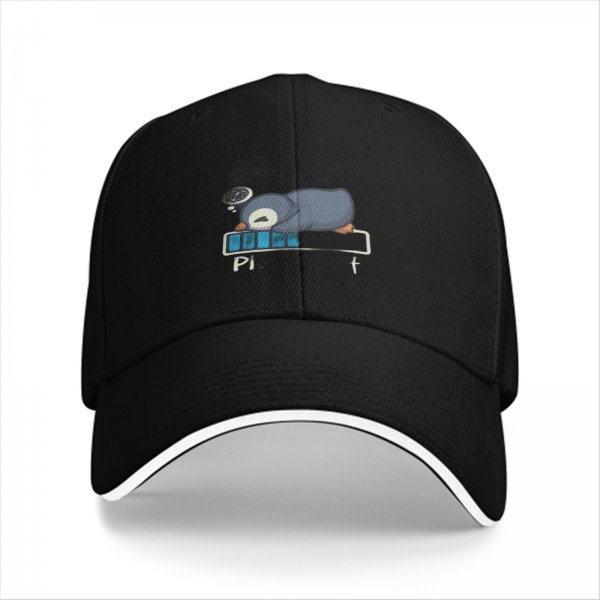 Black baseball cap with sleepy penguin low battery graphic