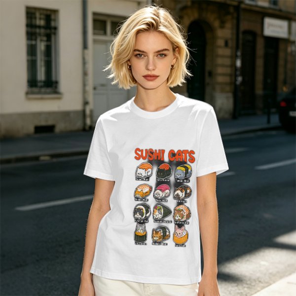 Olive T-Shirt With Sushi Cats Graphic Print