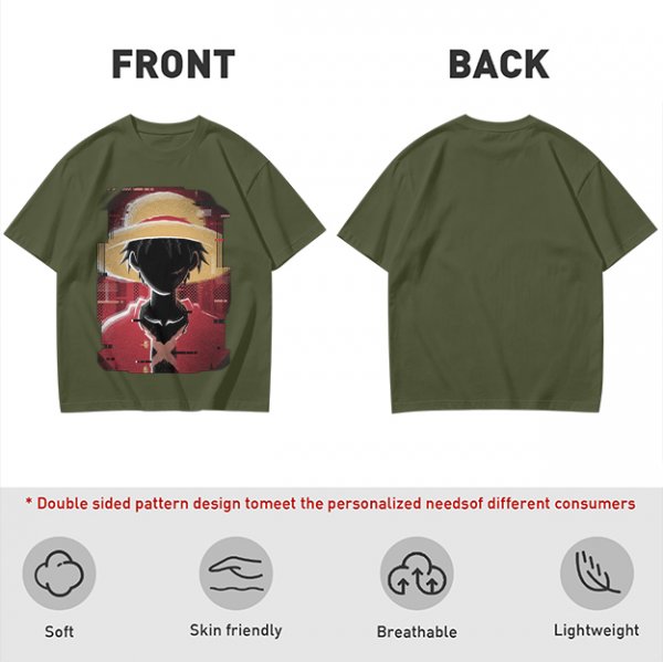 Olive T-shirt with Glitch Art Monkey D Luffy Straw Hat Print
