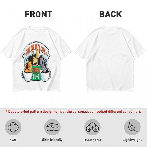 Olive green t-shirt with cat coffee cup graphic and playful text design