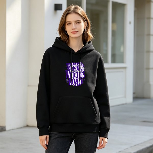 Black hoodie with 'Down the Witches Road' graphic print