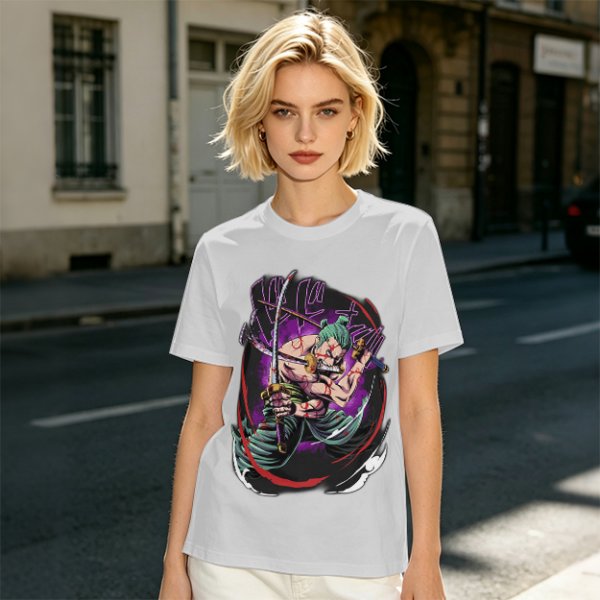 Olive T-shirt with One Piece Roronoa Zoro Three Sword Style Print