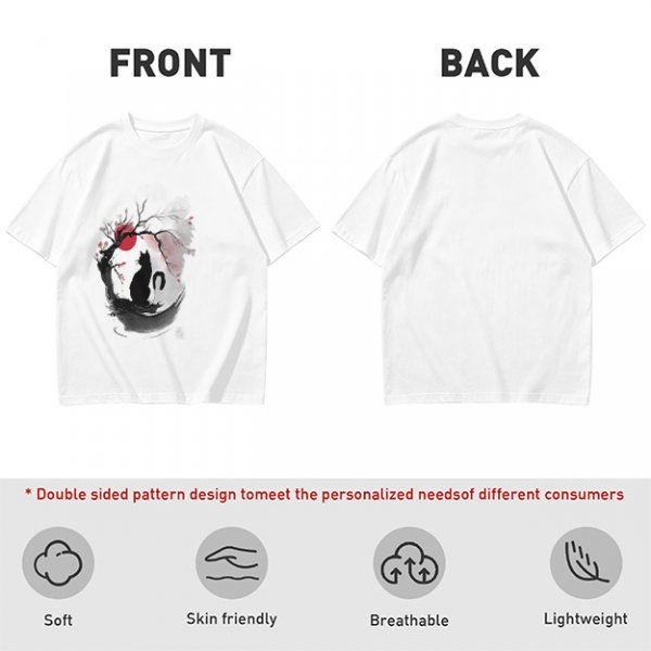 Olive T-Shirt with Japanese Style Cat and Red Sun Art Print