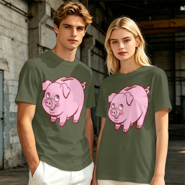 Olive Green T-Shirt With Cute Pink Piggy Bank Graphic Print