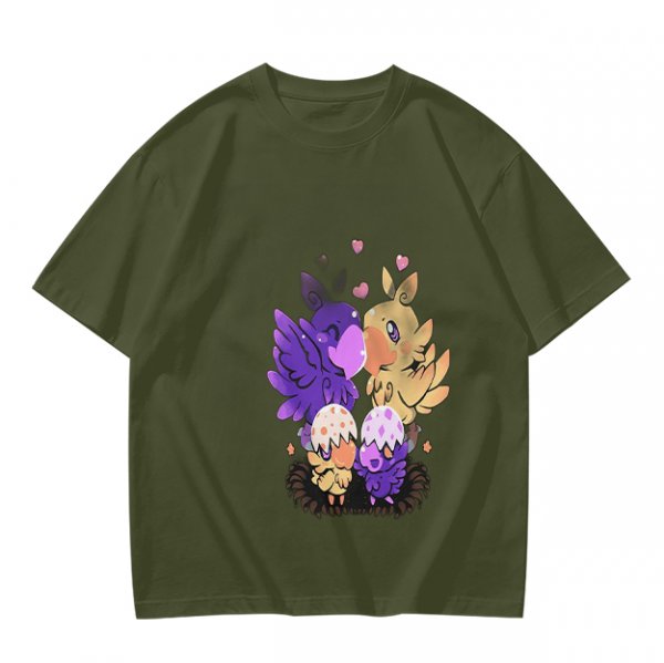 Olive T-Shirt With Cute Fantasy Bird Family Print